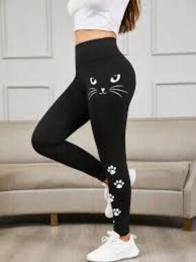 Cute Black Cat Face & Paw Print High-Waisted Graphic Leggings Yoga Pants Size S